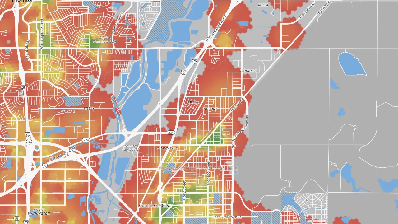 Walk Grade map of Derby, CO, walkable areas in green and car-dependent areas in red