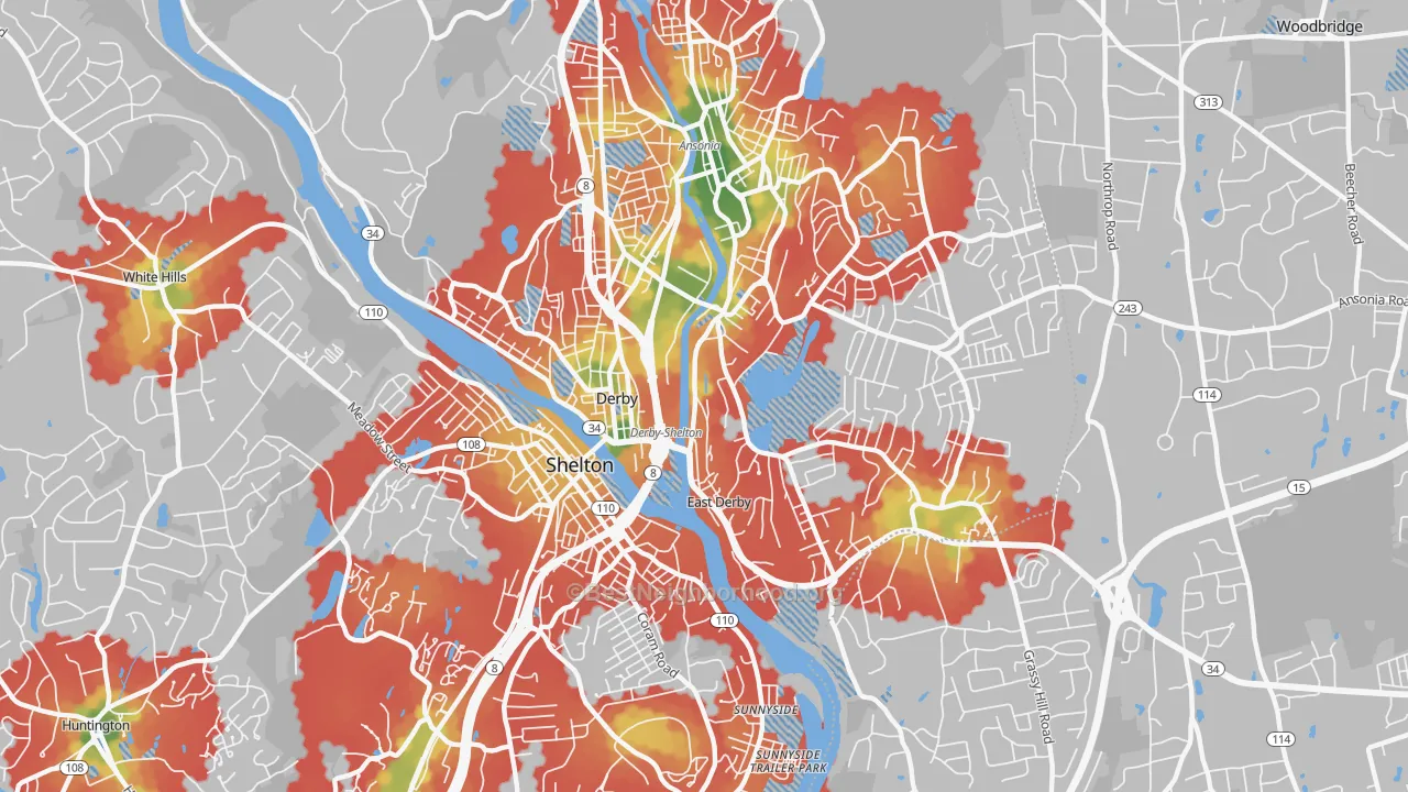 Walk Grade map of Derby, CT, walkable areas in green and car-dependent areas in red