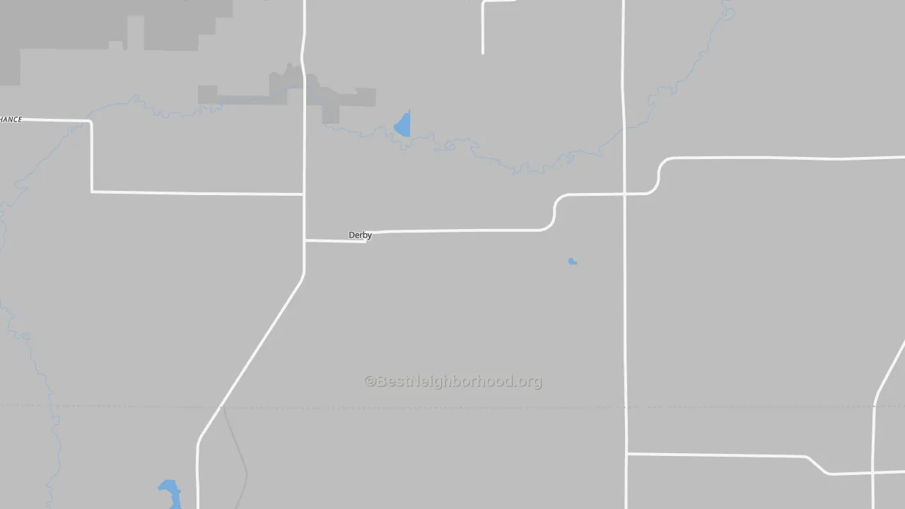 Walk Grade map of Derby, IA, walkable areas in green and car-dependent areas in red