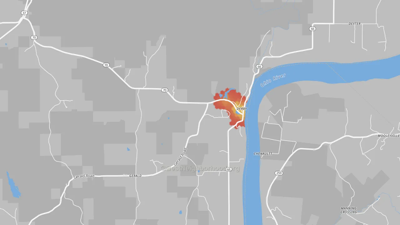 Walk Grade map of Derby, IN, walkable areas in green and car-dependent areas in red