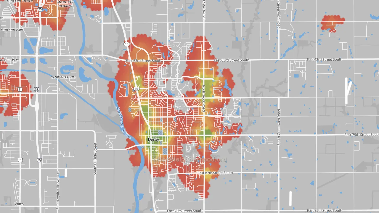 Walk Grade map of Derby, KS, walkable areas in green and car-dependent areas in red