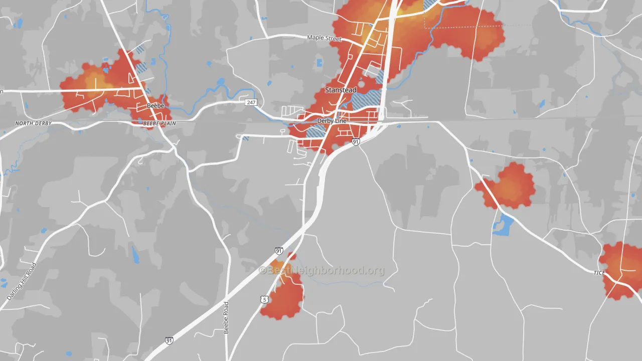 Walk Grade map of Derby Line, VT, walkable areas in green and car-dependent areas in red