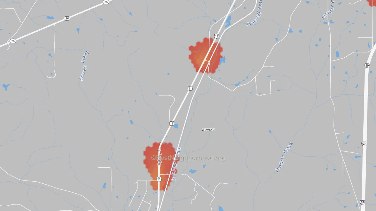 Walk Grade map of Derby, MS, walkable areas in green and car-dependent areas in red