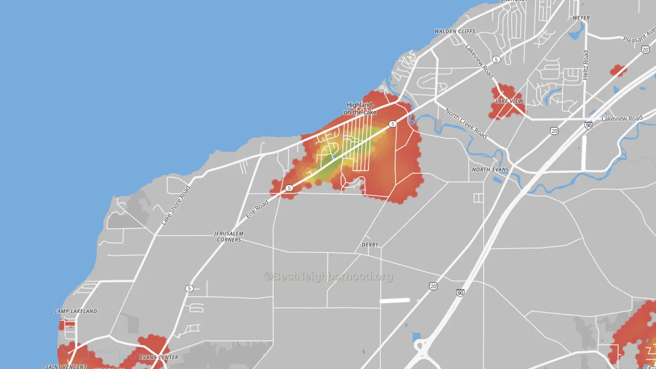 Walk Grade map of Derby, NY, walkable areas in green and car-dependent areas in red