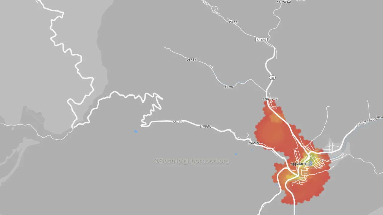 Walk Grade map of Derby, VA, walkable areas in green and car-dependent areas in red