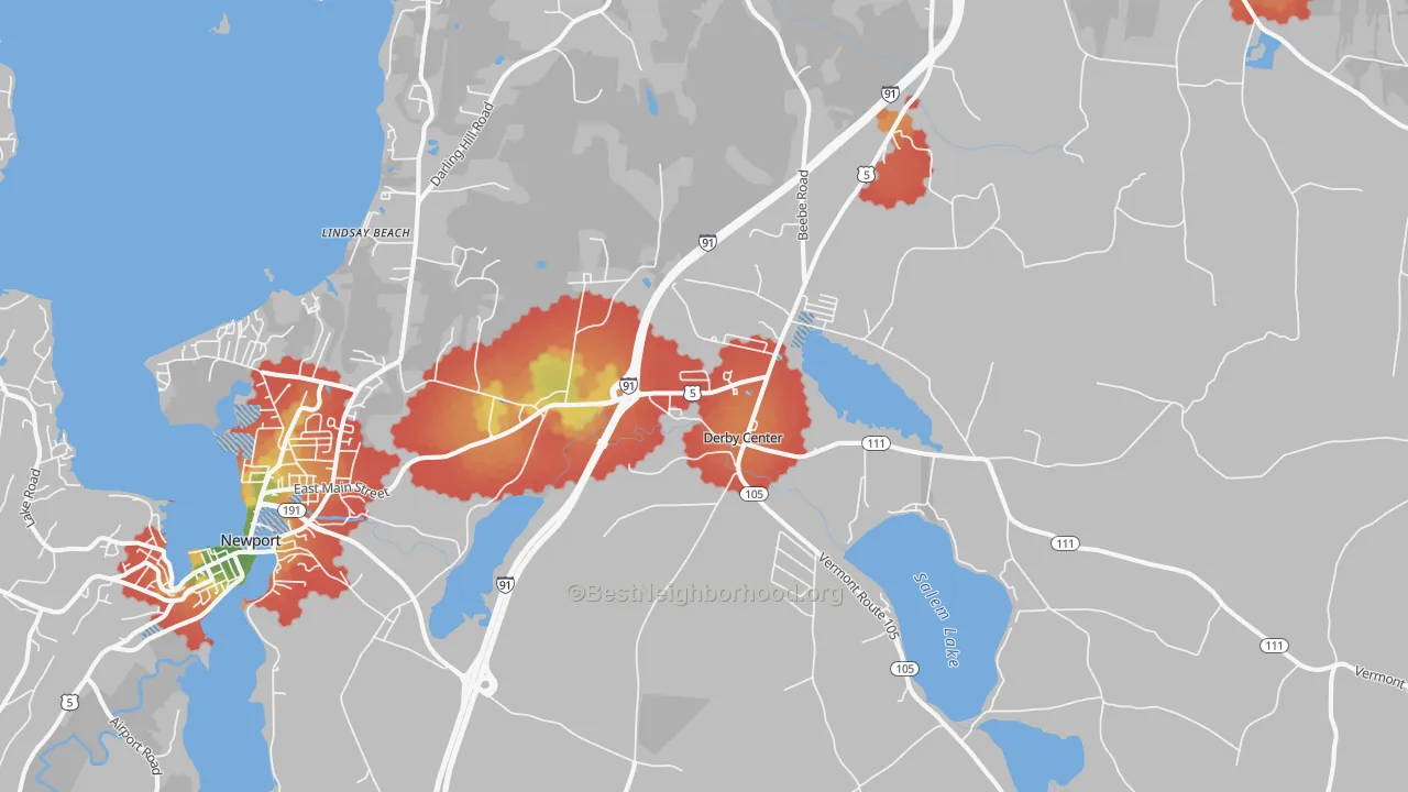Walk Grade map of Derby, VT, walkable areas in green and car-dependent areas in red