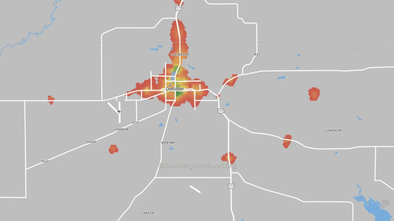 Walk Grade map of Deridder, LA, walkable areas in green and car-dependent areas in red