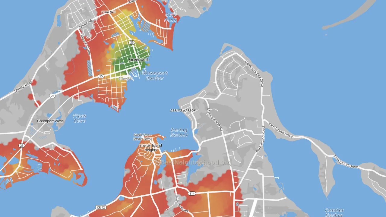 Walk Grade map of Dering Harbor, NY, walkable areas in green and car-dependent areas in red