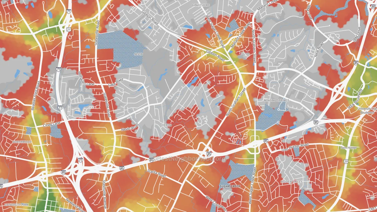 Walk Grade map of Derita-Statesville, Charlotte, NC, walkable areas in green and car-dependent areas in red