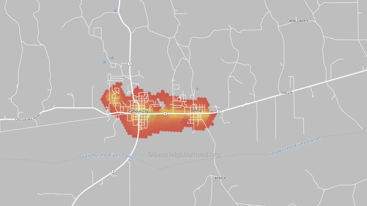 Walk Grade map of Derma, MS, walkable areas in green and car-dependent areas in red