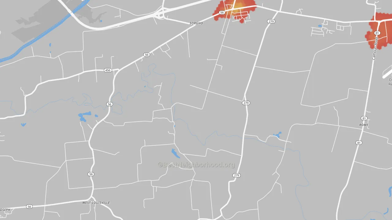 Walk Grade map of Dermont, KY, walkable areas in green and car-dependent areas in red