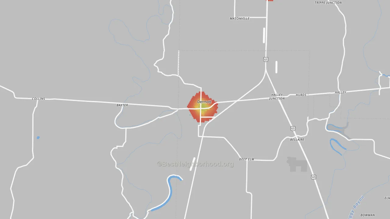 Walk Grade map of Dermott, AR, walkable areas in green and car-dependent areas in red