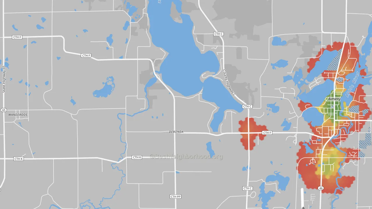 Walk Grade map of Deronda, WI, walkable areas in green and car-dependent areas in red