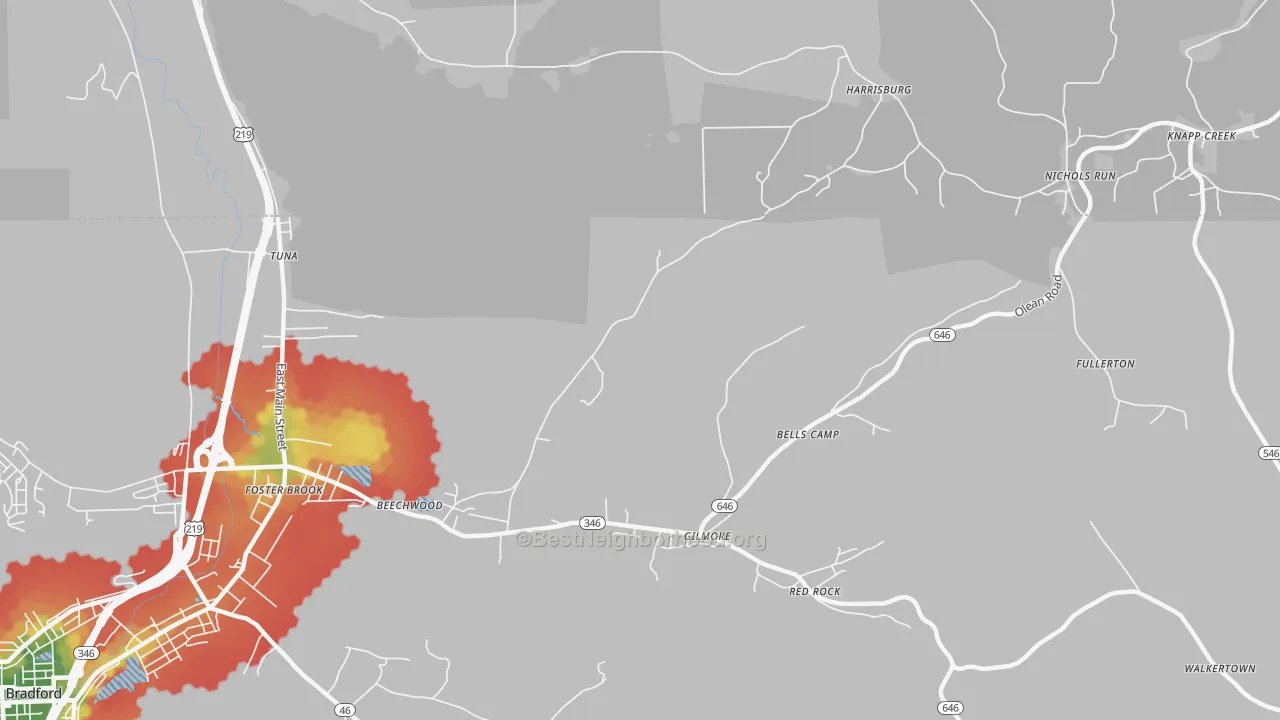Walk Grade map of Derrick City, PA, walkable areas in green and car-dependent areas in red