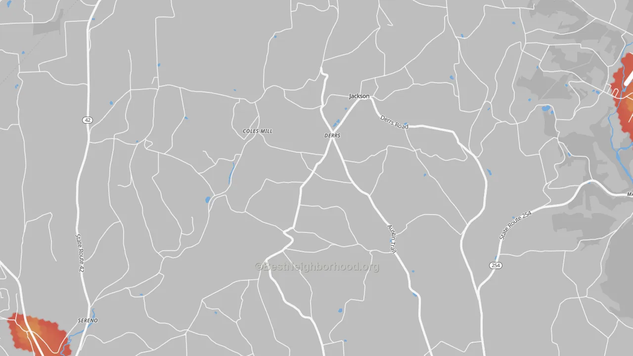 Walk Grade map of Derrs, PA, walkable areas in green and car-dependent areas in red