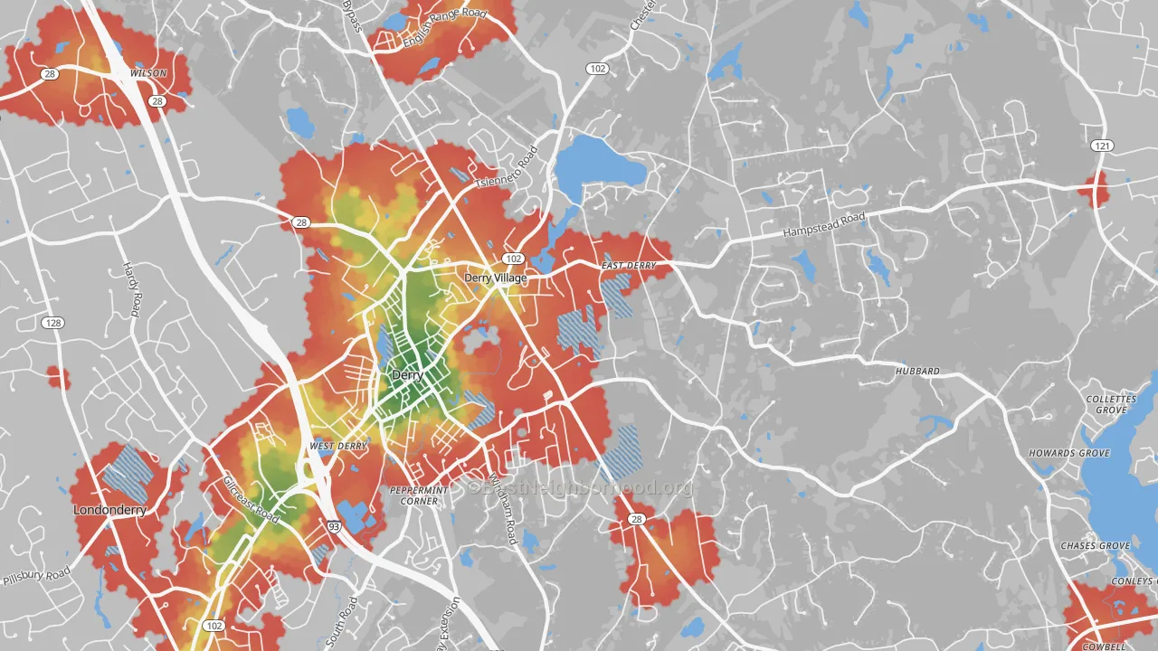 Walk Grade map of Derry, NH, walkable areas in green and car-dependent areas in red