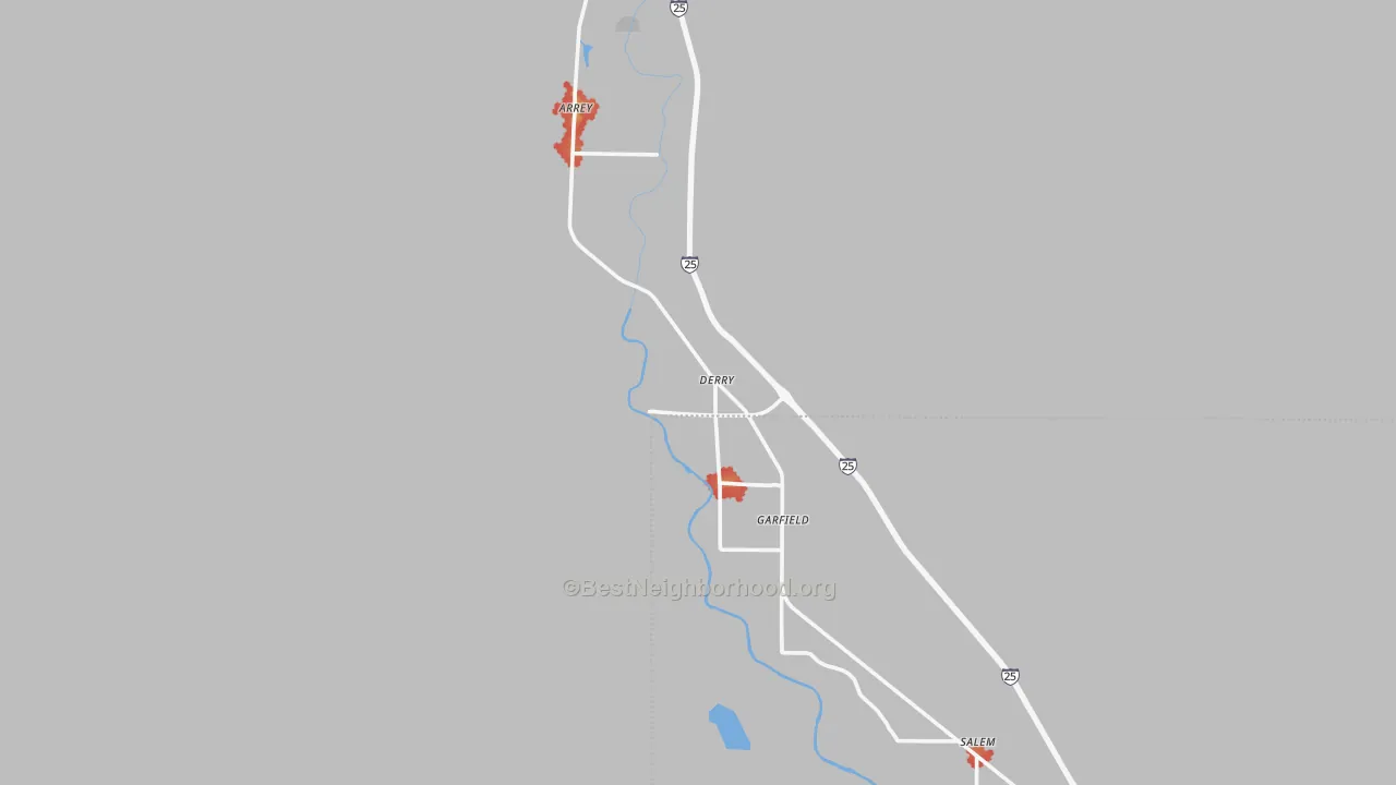 Walk Grade map of Derry, NM, walkable areas in green and car-dependent areas in red