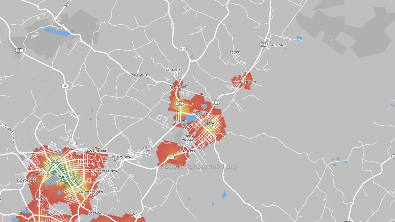 Walk Grade map of Derry, PA, walkable areas in green and car-dependent areas in red