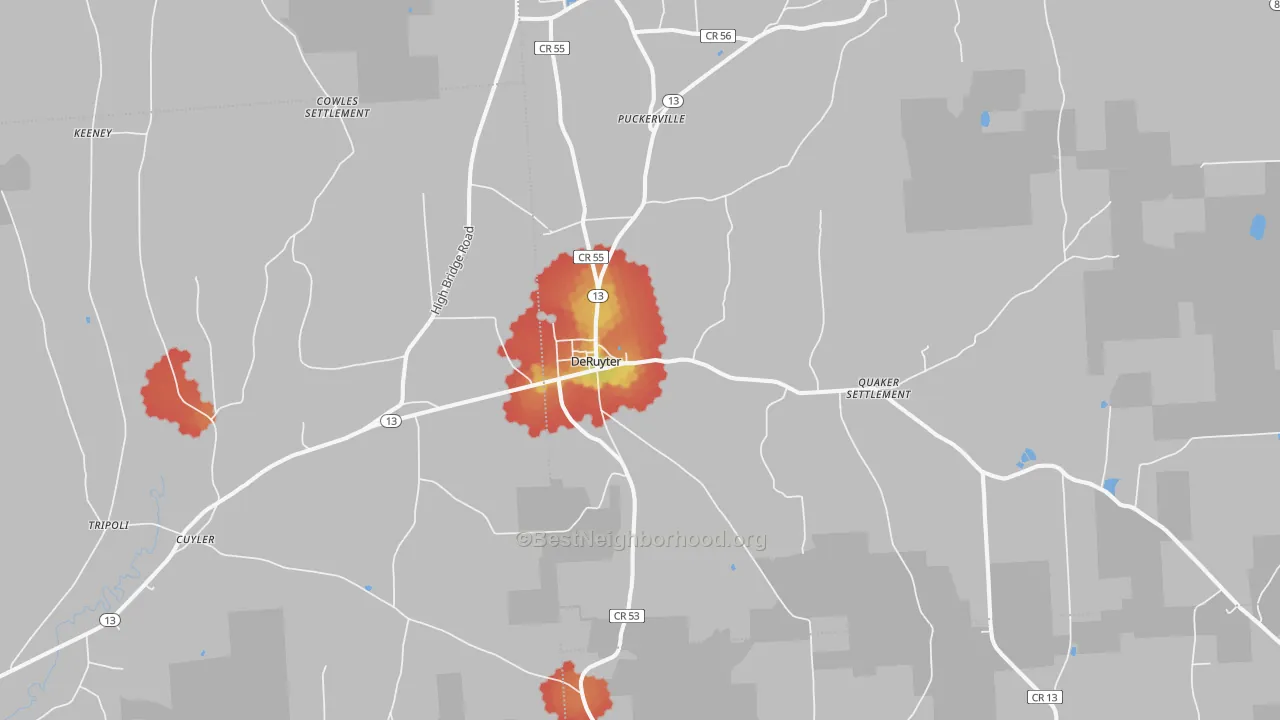 Walk Grade map of DeRuyter, NY, walkable areas in green and car-dependent areas in red