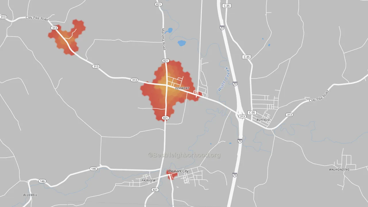 Walk Grade map of Derwent, OH, walkable areas in green and car-dependent areas in red