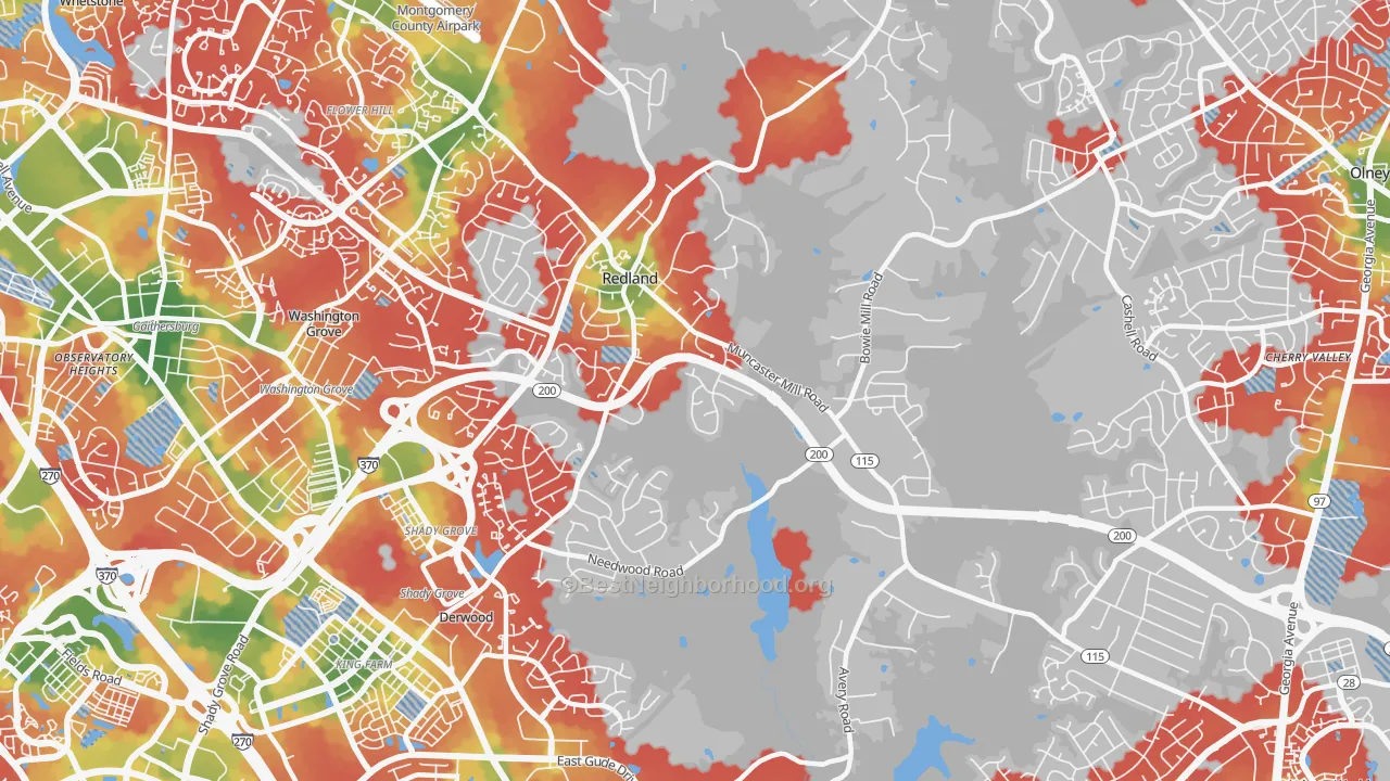 Walk Grade map of Derwood, MD, walkable areas in green and car-dependent areas in red