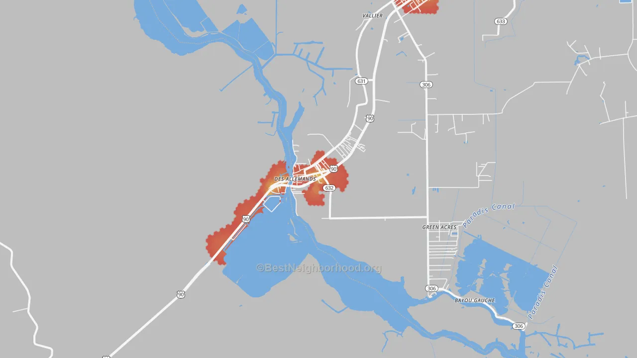 Walk Grade map of Des Allemands, LA, walkable areas in green and car-dependent areas in red