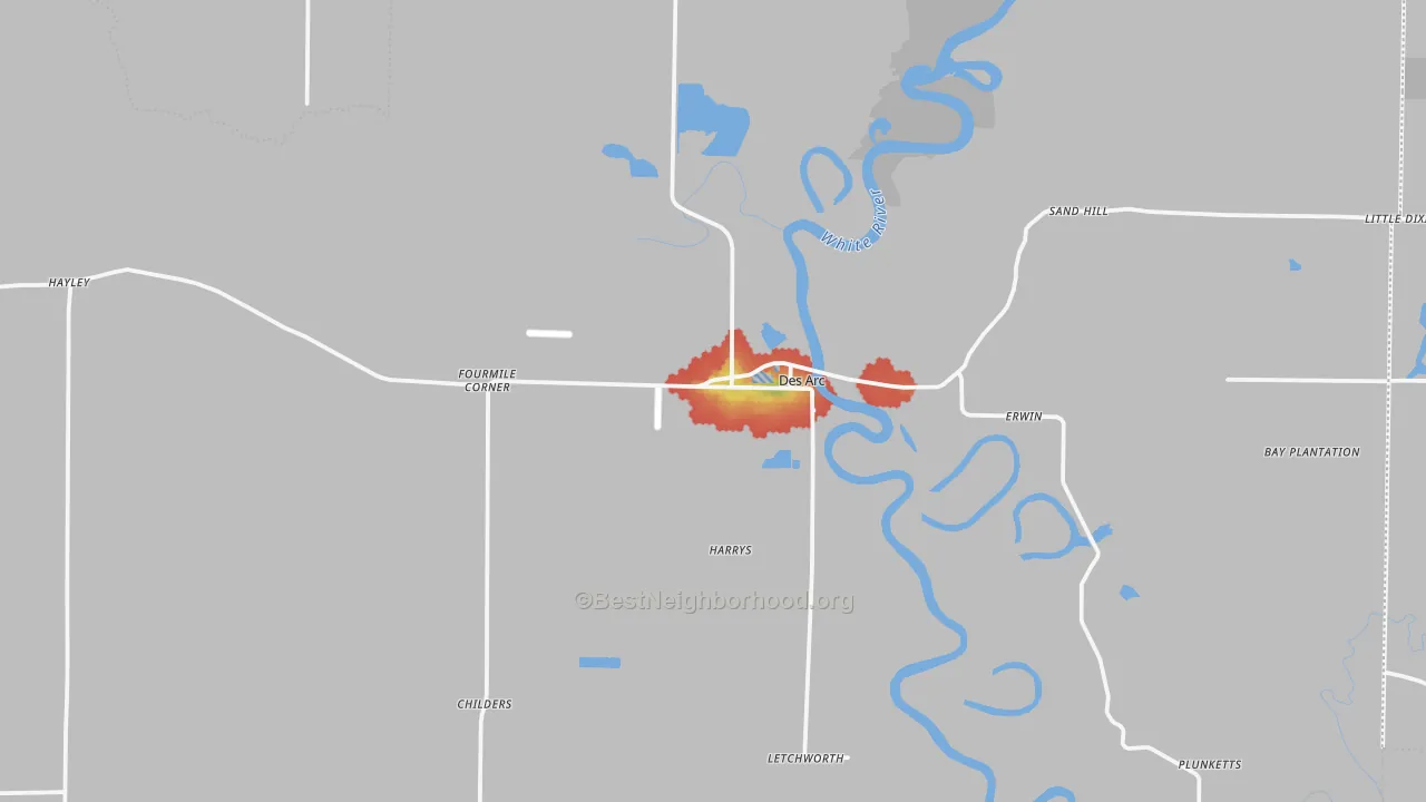 Walk Grade map of Des Arc, AR, walkable areas in green and car-dependent areas in red