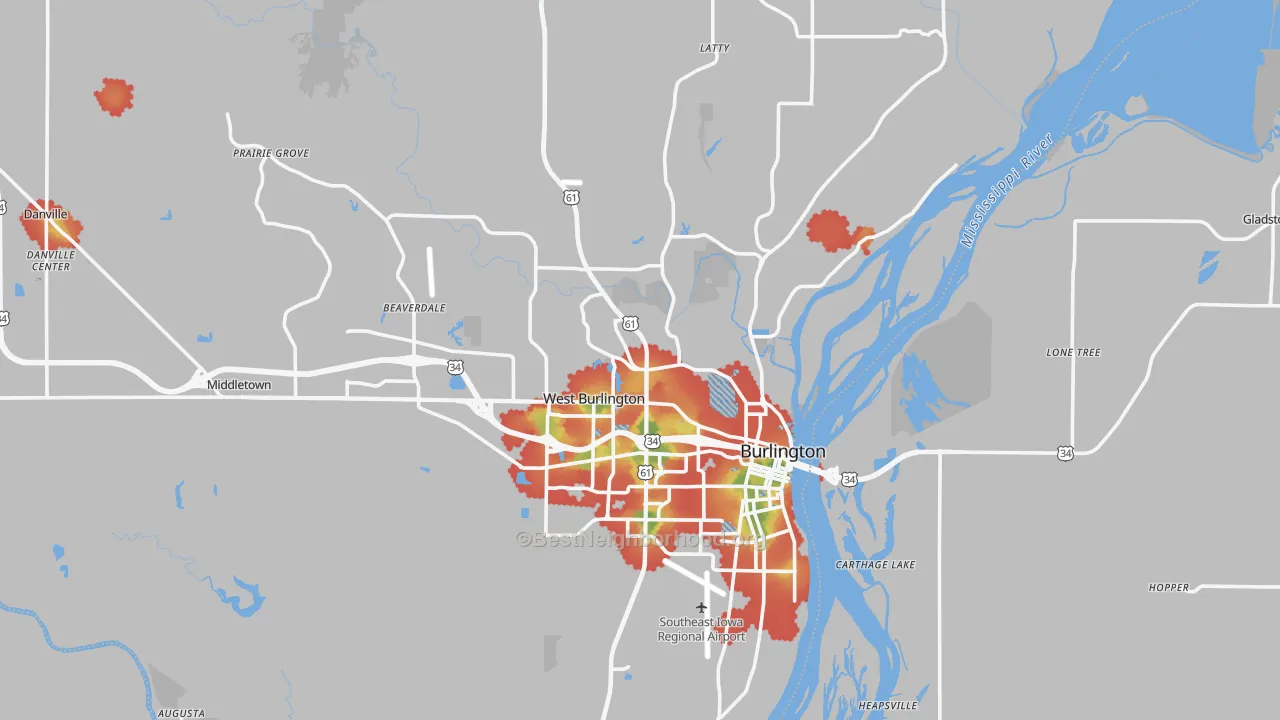 Walk Grade map of Des Moines County, IA, walkable areas in green and car-dependent areas in red