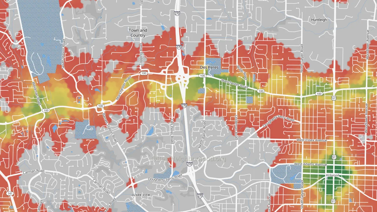Walk Grade map of Des Peres, MO, walkable areas in green and car-dependent areas in red