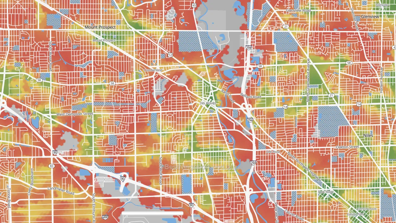 Walk Grade map of Des Plaines, IL, walkable areas in green and car-dependent areas in red