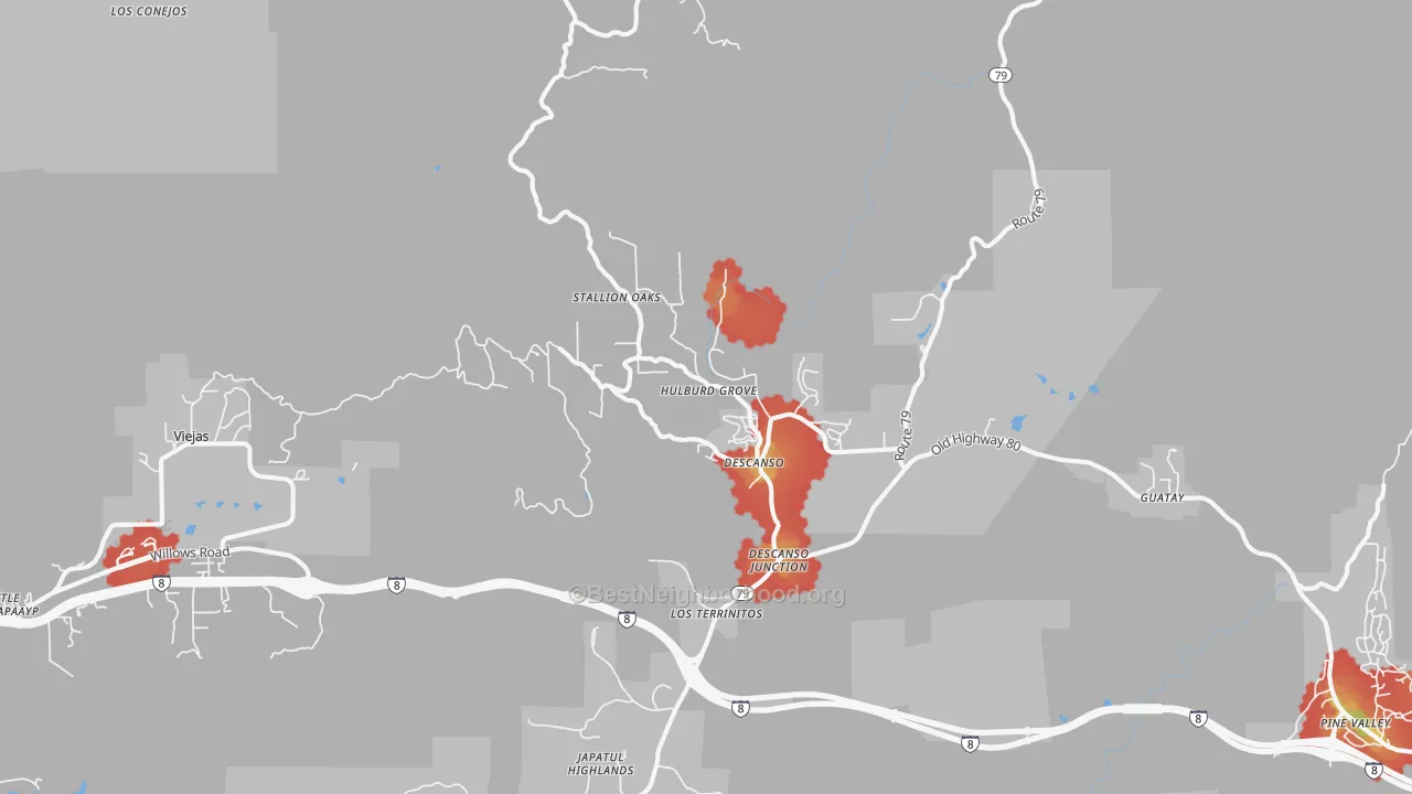 Walk Grade map of Descanso, CA, walkable areas in green and car-dependent areas in red