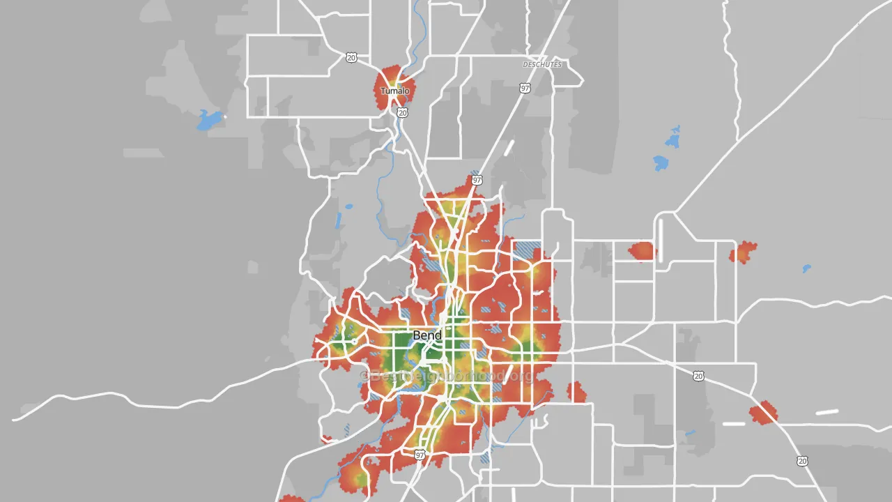 Walk Grade map of Deschutes County, OR, walkable areas in green and car-dependent areas in red