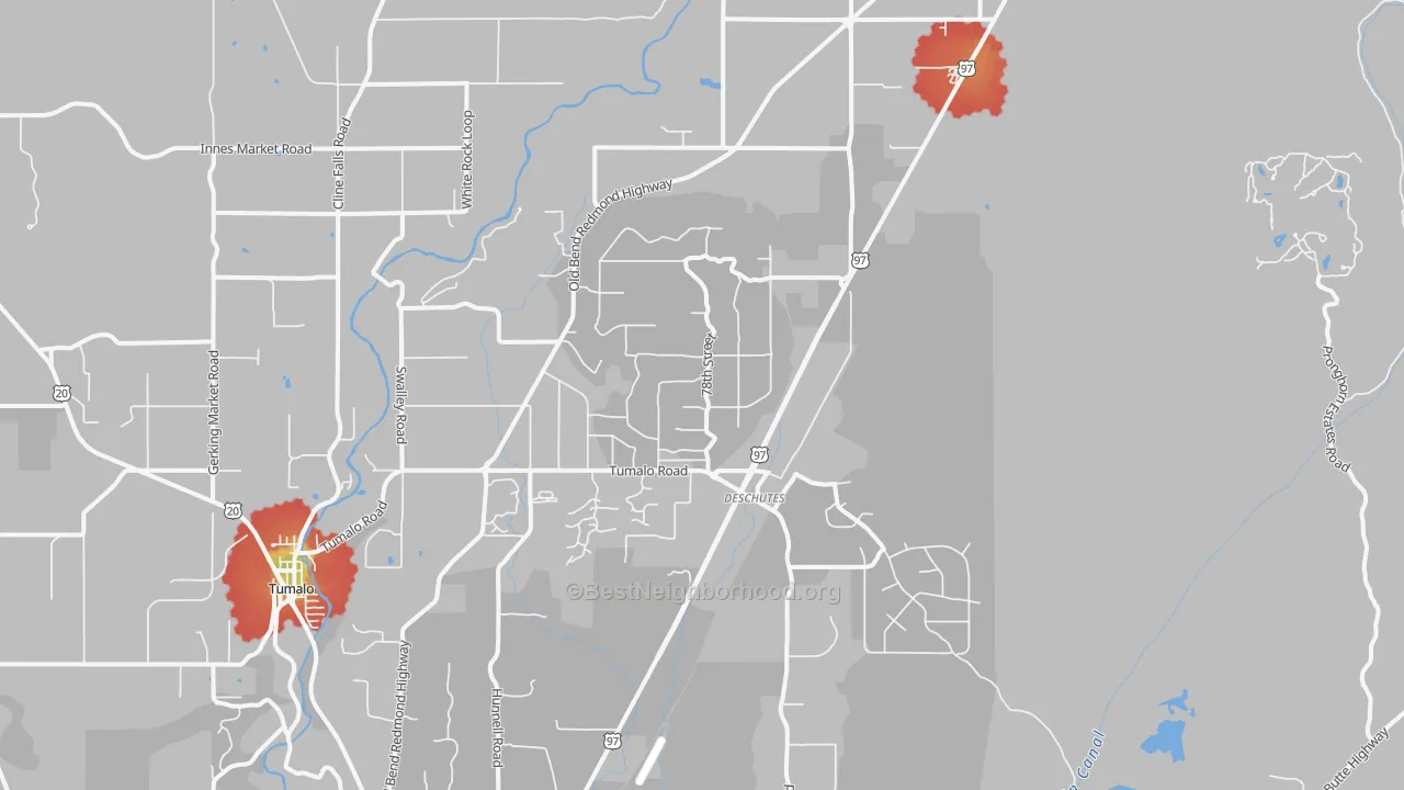 Walk Grade map of Deschutes Junction, OR, walkable areas in green and car-dependent areas in red