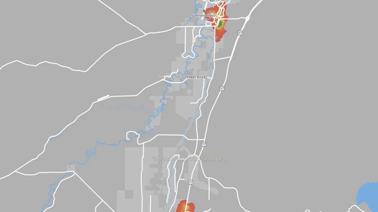 Walk Grade map of Deschutes, OR, walkable areas in green and car-dependent areas in red
