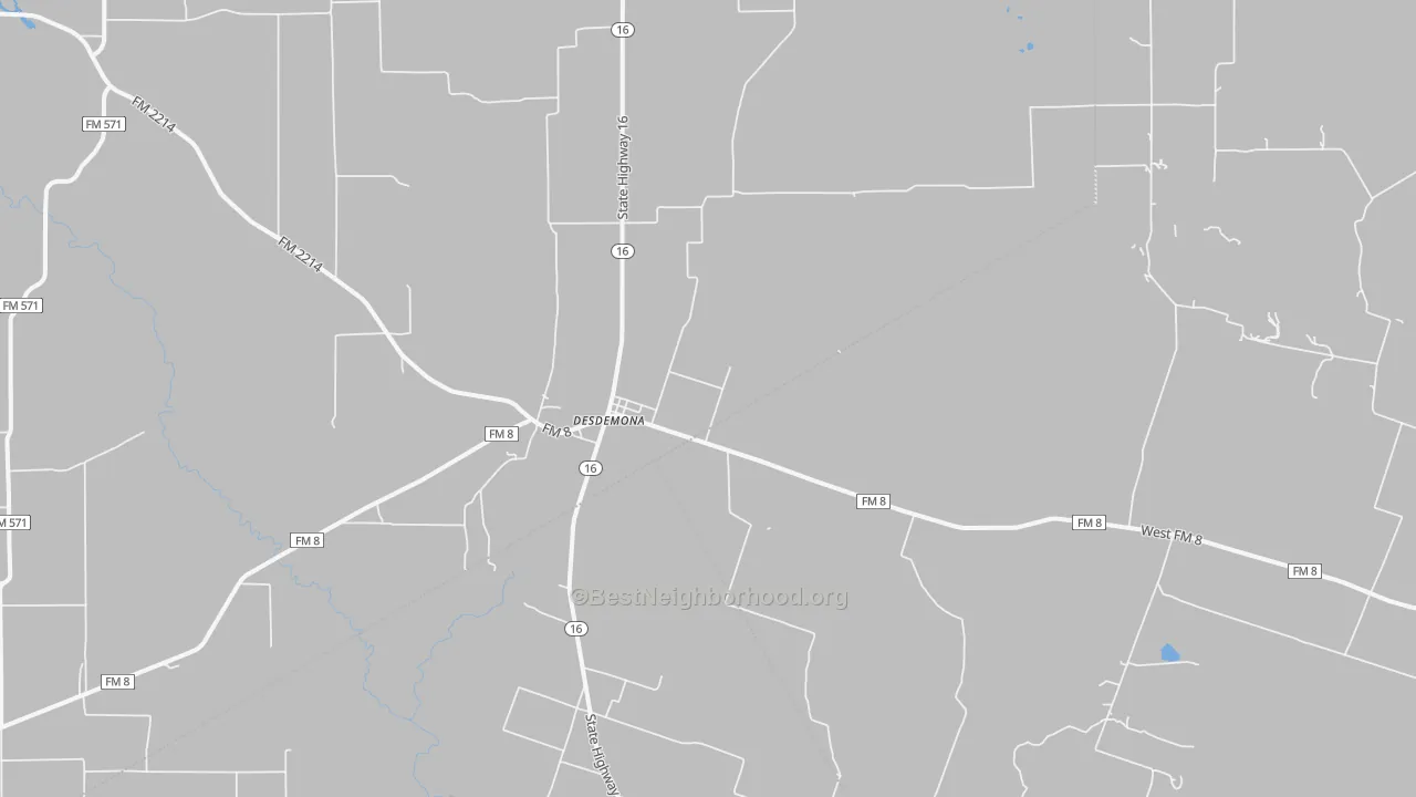 Walk Grade map of Desdemona, TX, walkable areas in green and car-dependent areas in red