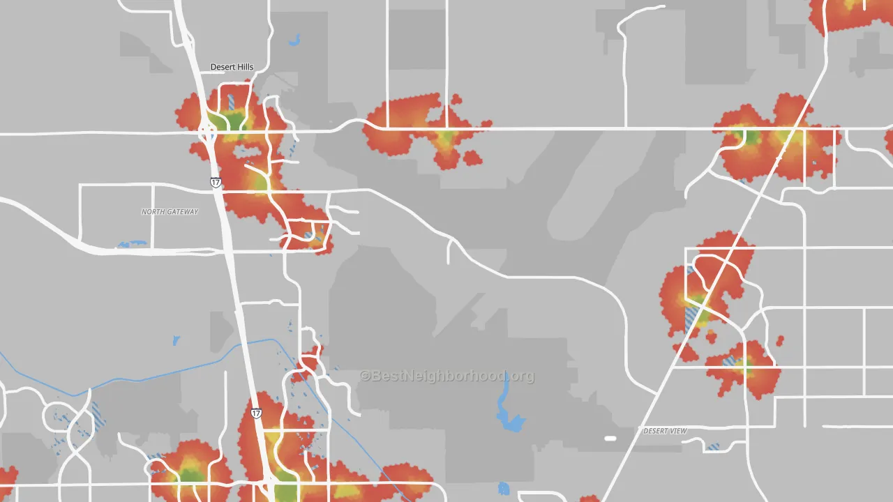 Walk Grade map of Desert Hills, Cave Creek, AZ, walkable areas in green and car-dependent areas in red