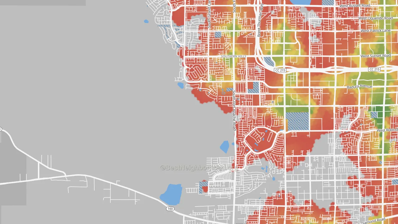 Walk Grade map of Desert Hills, Las Vegas, NV, walkable areas in green and car-dependent areas in red