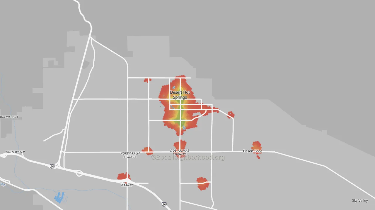 Walk Grade map of Desert Hot Springs, CA, walkable areas in green and car-dependent areas in red