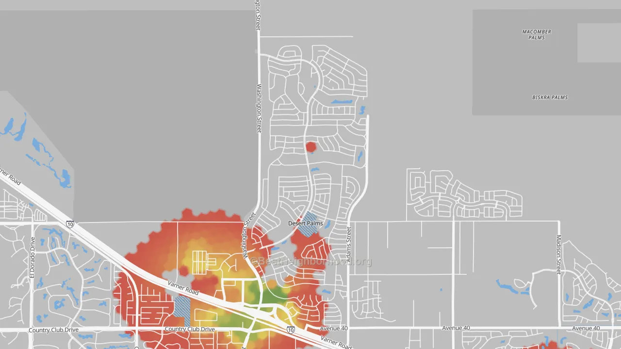 Walk Grade map of Desert Palms, CA, walkable areas in green and car-dependent areas in red
