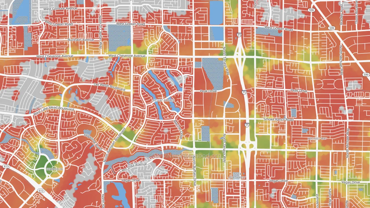 Walk Grade map of Desert Shores, Las Vegas, NV, walkable areas in green and car-dependent areas in red