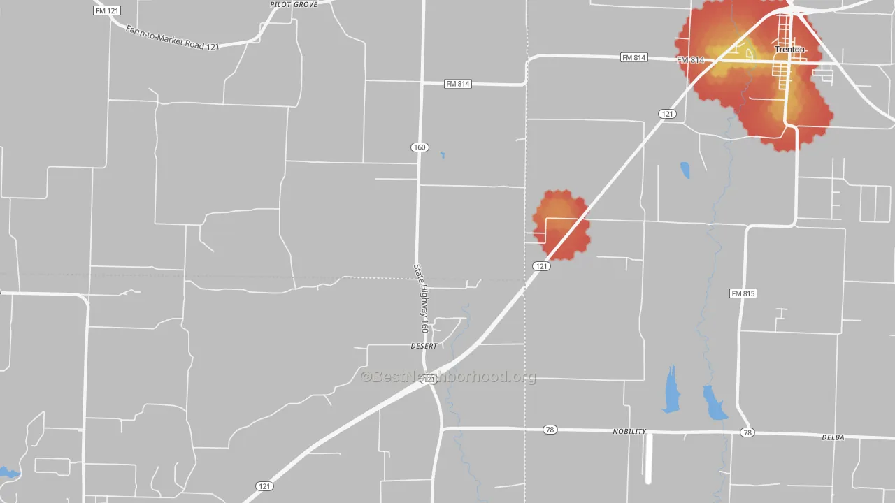Walk Grade map of Desert, TX, walkable areas in green and car-dependent areas in red