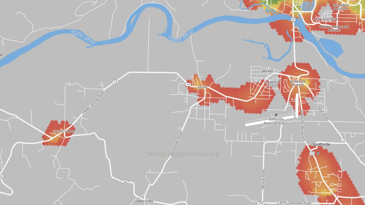 Walk Grade map of Desha, AR, walkable areas in green and car-dependent areas in red