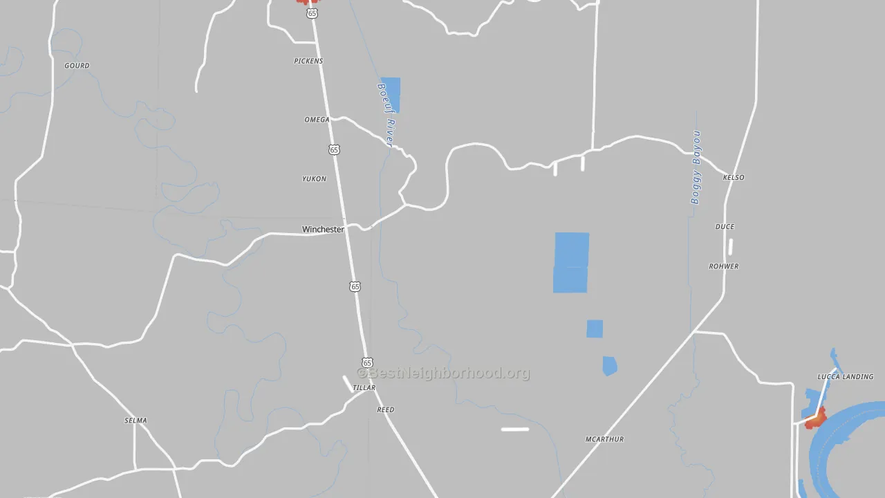 Walk Grade map of Desha County, AR, walkable areas in green and car-dependent areas in red