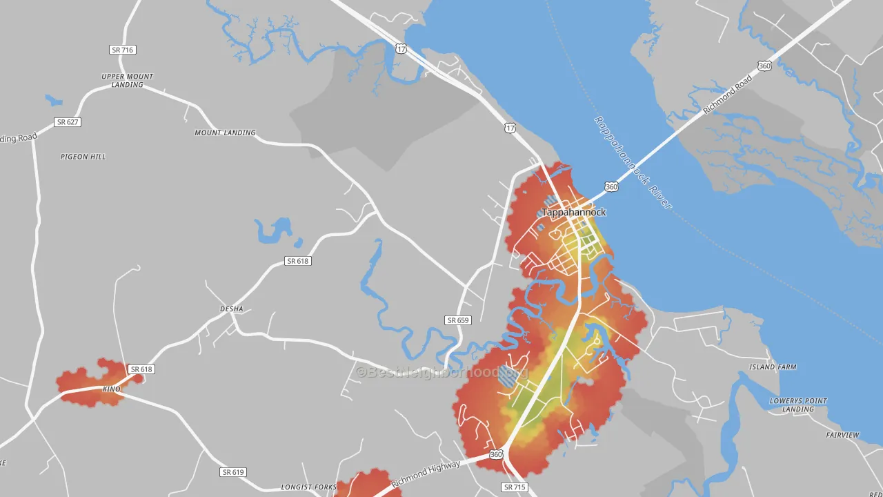 Walk Grade map of Desha, VA, walkable areas in green and car-dependent areas in red