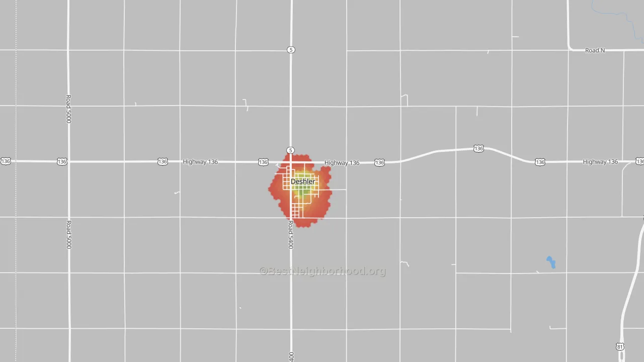 Walk Grade map of Deshler, NE, walkable areas in green and car-dependent areas in red