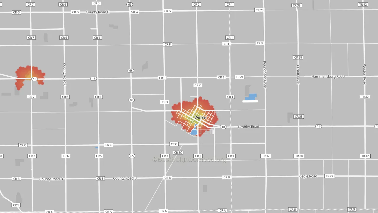 Walk Grade map of Deshler, OH, walkable areas in green and car-dependent areas in red