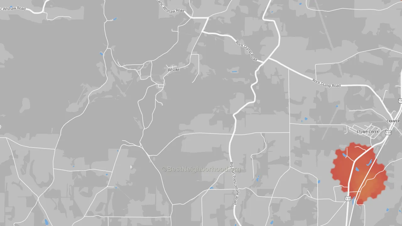 Walk Grade map of Desire, PA, walkable areas in green and car-dependent areas in red