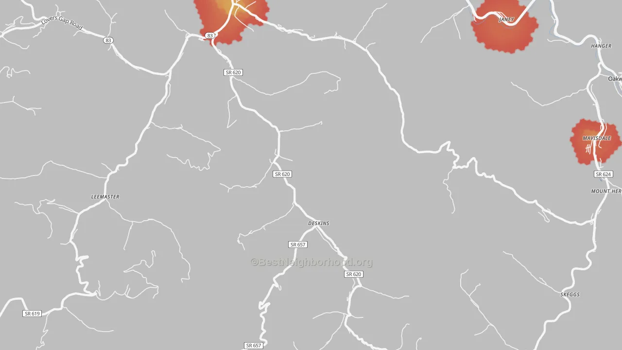 Walk Grade map of Deskins, VA, walkable areas in green and car-dependent areas in red