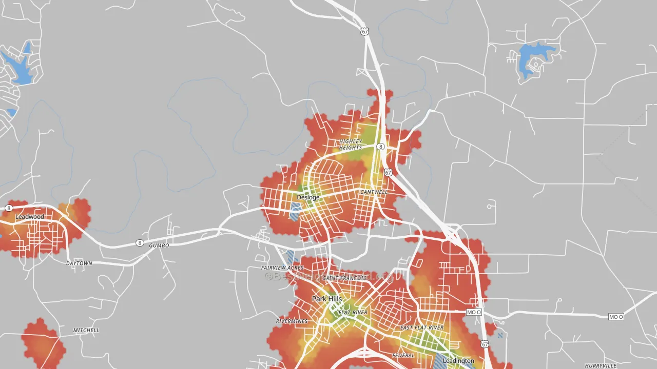 Walk Grade map of Desloge, MO, walkable areas in green and car-dependent areas in red