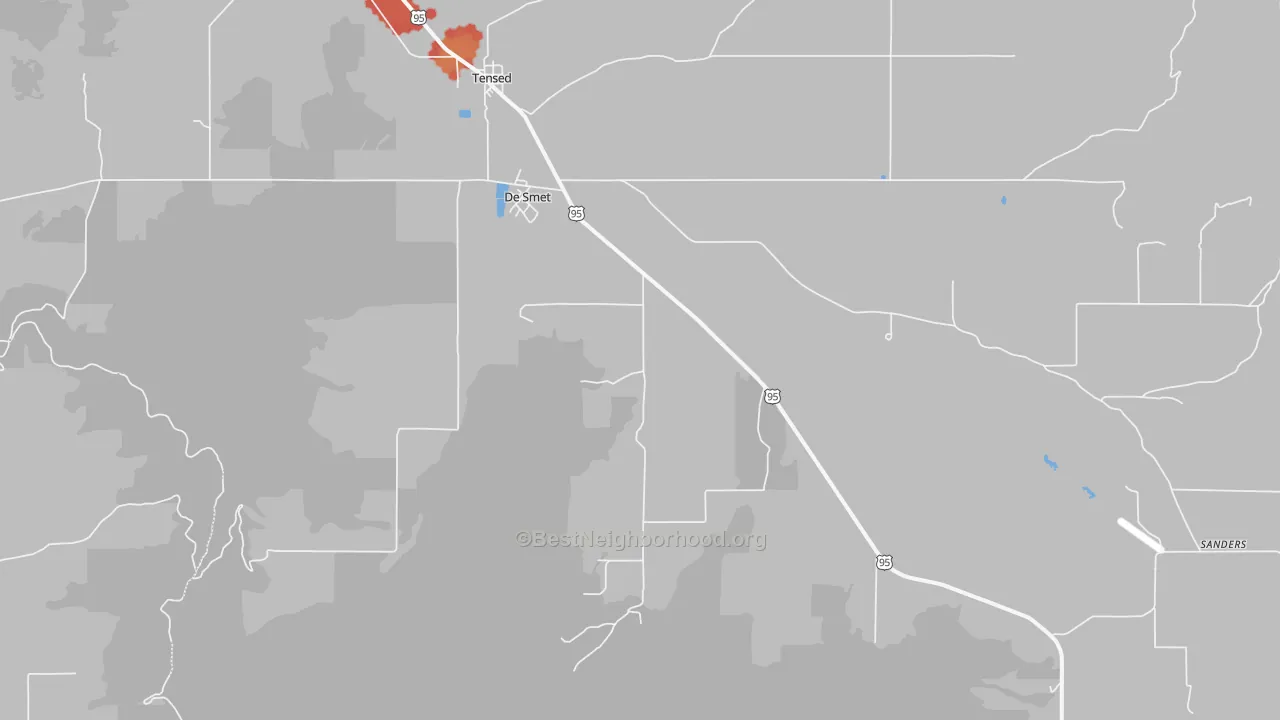 Walk Grade map of DeSmet, ID, walkable areas in green and car-dependent areas in red